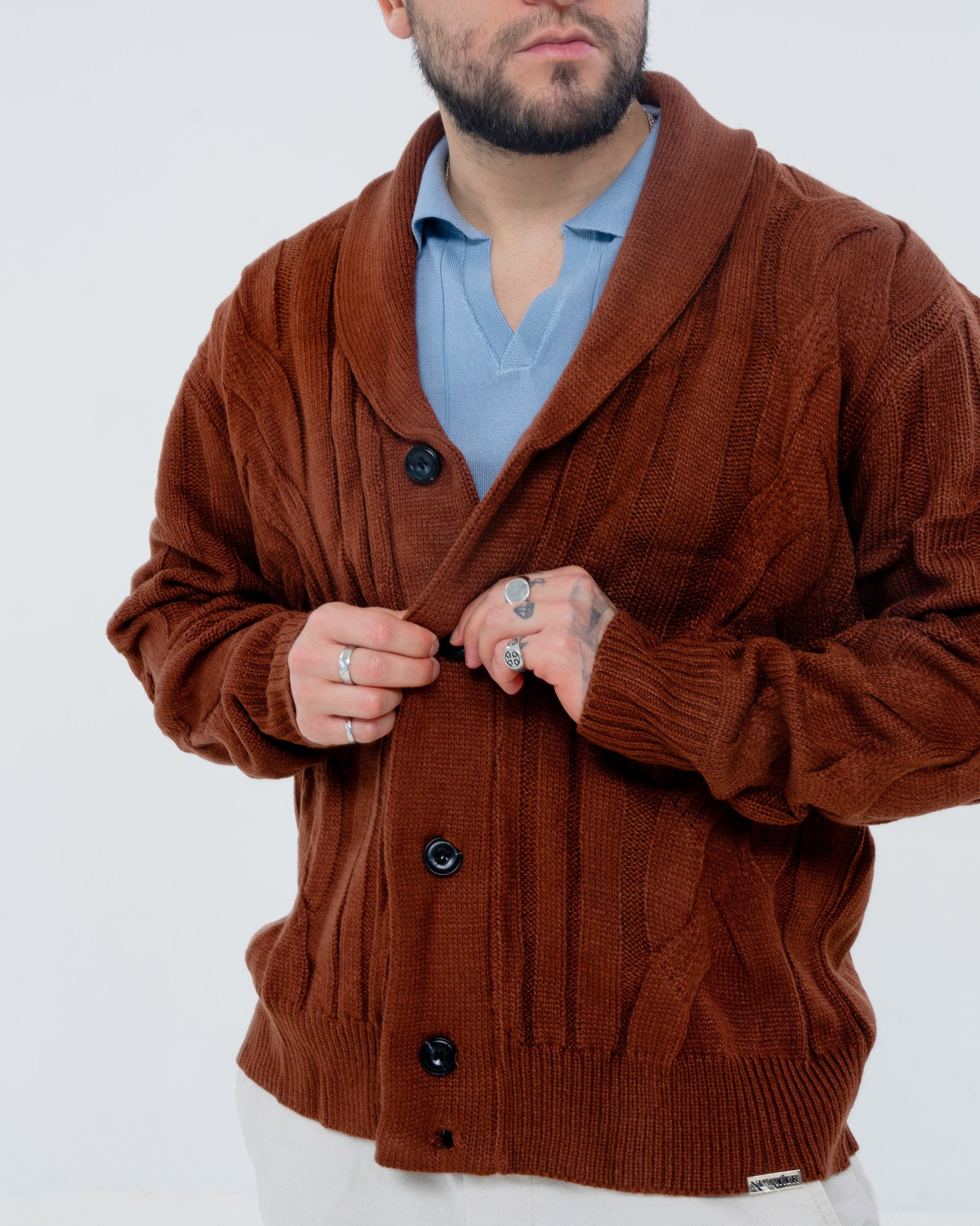 Fireside Cardigan | Men's Cable-Knit Shawl Collar Cardigan - Brown