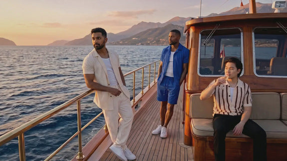 Nuvarek Look — three models on a classic yacht at golden hour